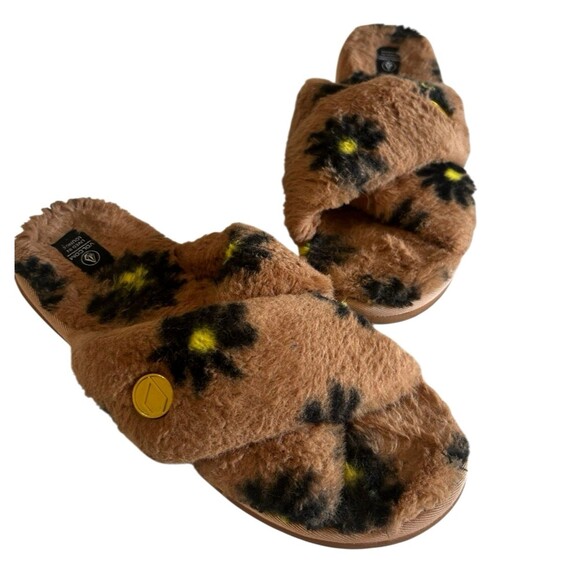 Volcom Lived in Lounge Woman's Slippers Slides Brown Soft Faux Fur Daisies Sz 8? - Picture 2 of 14